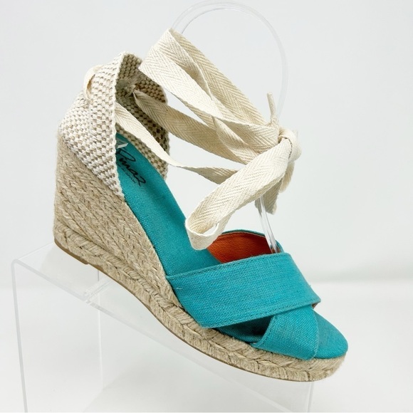 Pinaz Made in Spain Turquoise Blue & White Lace Up Espadrille Wedges Size 38 - Picture 1 of 15